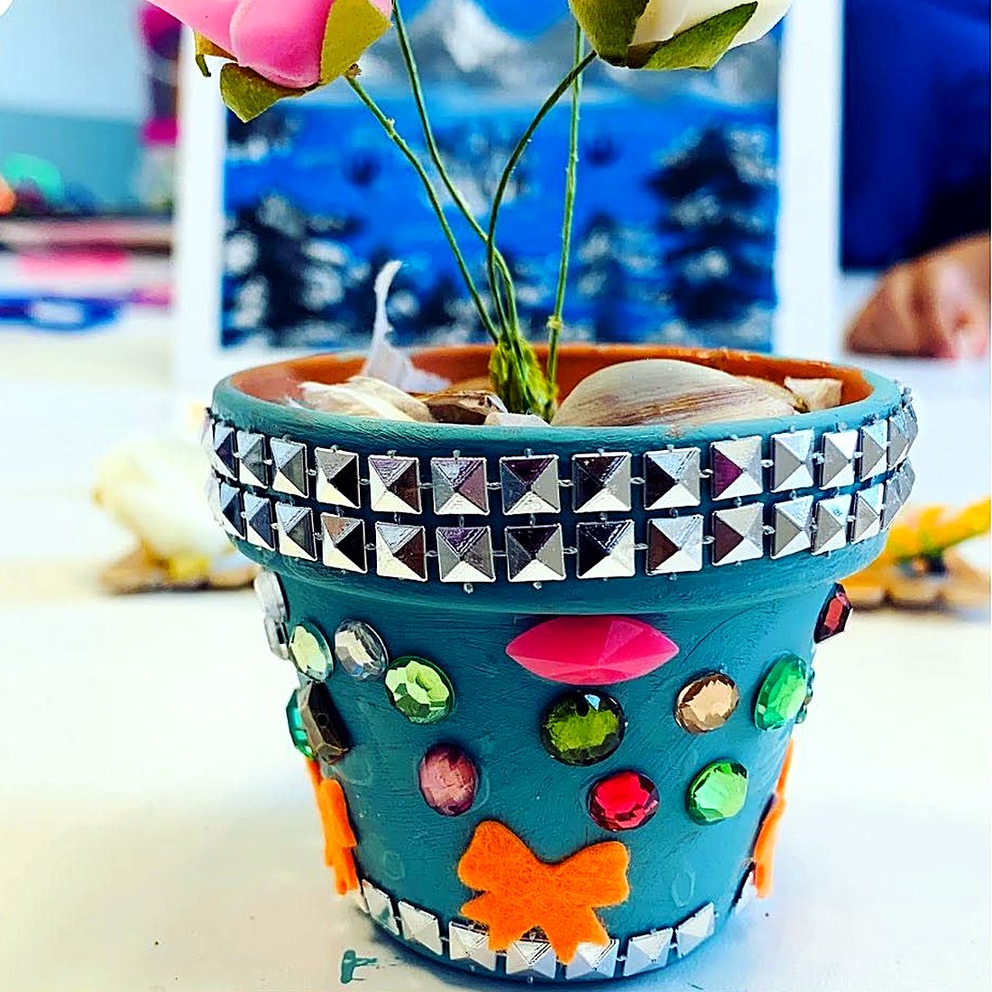 Jewelled flower pot, made by hand