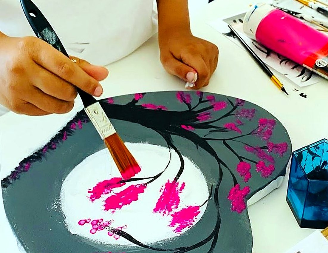 Pink blossoms, one stroke at a time
